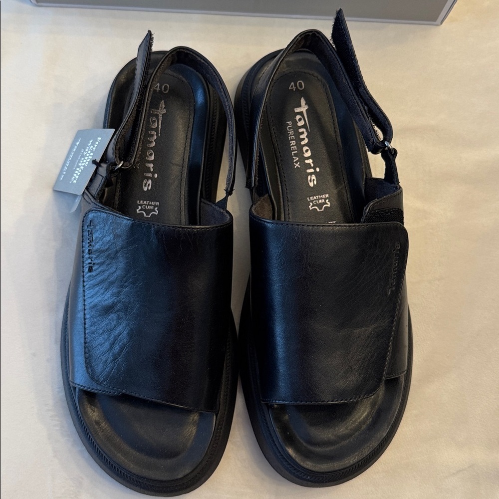 New with tags and box! Tamaris Black Slingback Sandals, leather sz 40 - Picture 2 of 9